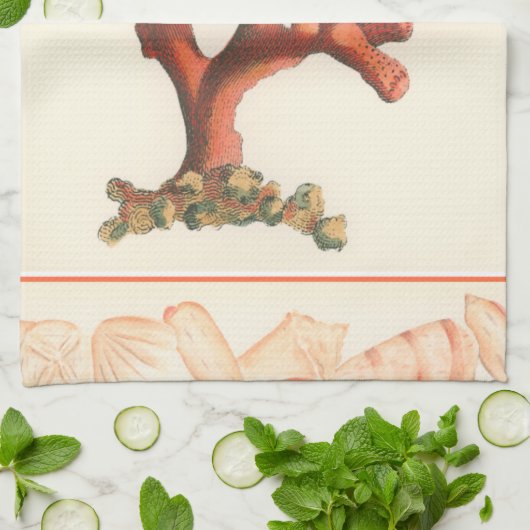 Rode koraal met de Grens van Shell van de Zeggen Theedoek (Gevouwen)