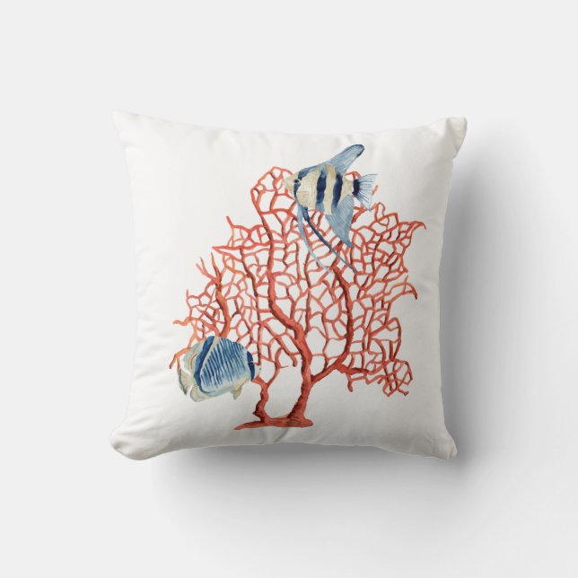 Rode koraal met tropische vis, Angelfish Waterverf Kussen (Voorkant)