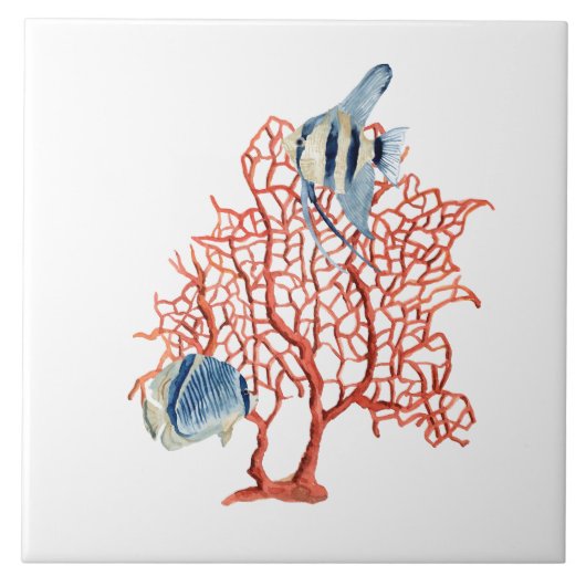 Rode koraal met tropische vis, Angelfish Waterverf Tegeltje (Voorkant)