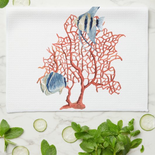 Rode koraal met tropische vis, Angelfish Waterverf Theedoek (Gevouwen)