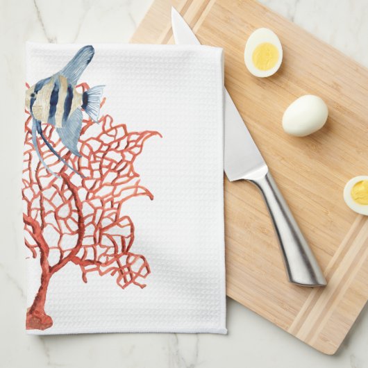 Rode koraal met tropische vis, Angelfish Waterverf Theedoek