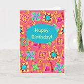 Rode koraal patchwork Quilt Block Art Happy Birthd Kaart (Voorkant)