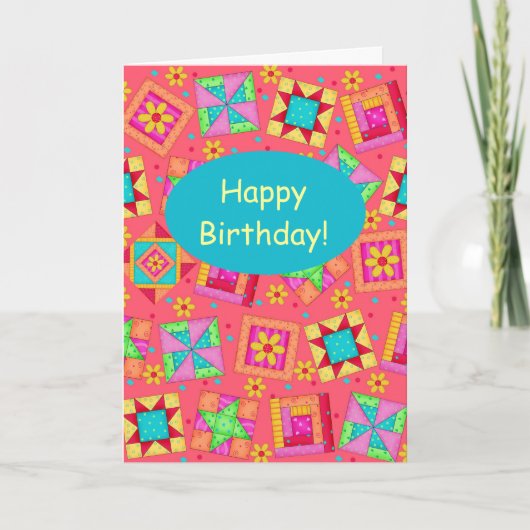 Rode koraal patchwork Quilt Block Art Happy Birthd Kaart (Voorkant)