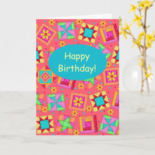Rode koraal patchwork Quilt Block Art Happy Birthd Kaart (Gele Bloem)