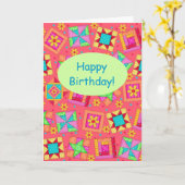 Rode koraal patchwork Quilt Block Art Happy Birthd Kaart (Gele Bloem)