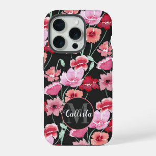 Rode Koraal Roze Zwarte Waterverf Bloemen Monogram iPhone 15 Pro Case