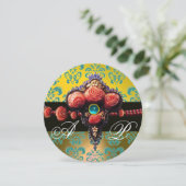 RODE KORAAL ROZEN, AQUA BLAUWE GELE DAMASK MONOGRA KAART (Staand voorkant)