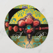 RODE KORAAL ROZEN, AQUA BLAUWE GELE DAMASK MONOGRA KAART (Voorkant / Achterkant)