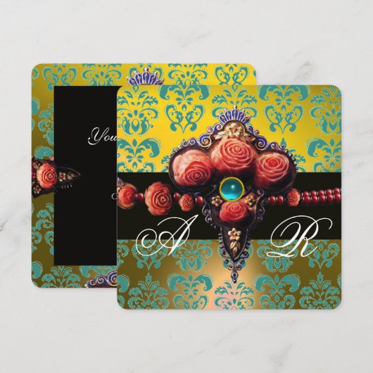 RODE KORAAL ROZEN, AQUA BLAUWE GELE DAMAST MONOGRA KAART (Voorkant / Achterkant)
