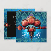 RODE KORAAL ROZEN,AQUA BLAUWE ZWARTE DAMASK MONOGR KAART (Voorkant / Achterkant)
