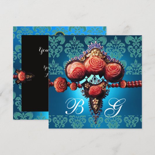 RODE KORAAL ROZEN,AQUA BLAUWE ZWARTE DAMASK MONOGR KAART (Voorkant / Achterkant)