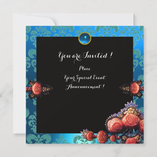 RODE KORAAL ROZEN,AQUA BLAUWE ZWARTE DAMASK MONOGR KAART (Achterkant)