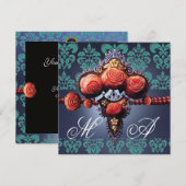 RODE KORAAL ROZEN,AQUA BLAUWE ZWARTE DAMASK MONOGR KAART (Voorkant / Achterkant)