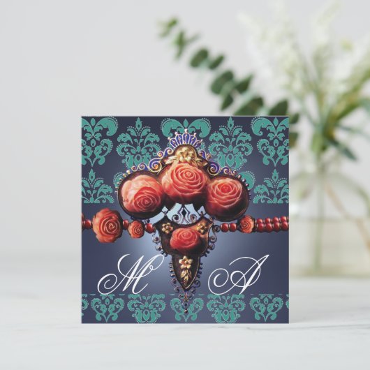 RODE KORAAL ROZEN,AQUA BLAUWE ZWARTE DAMASK MONOGR KAART (Staand voorkant)