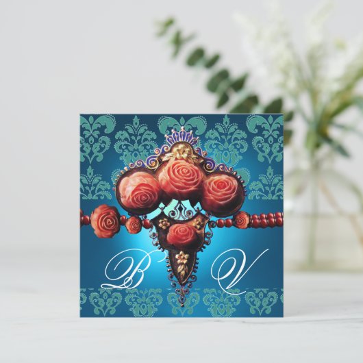 RODE KORAAL ROZEN, AQUA BLAUWE ZWARTE DAMAST MONOG KAART (Staand voorkant)