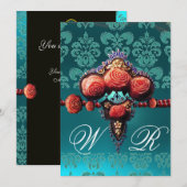 RODE KORAAL ROZEN, AQUA BLAUWE ZWARTE DAMAST MONOG KAART (Voorkant / Achterkant)