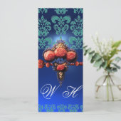 RODE KORAAL ROZEN, AQUA BLAUWE ZWARTE DAMAST MONOG KAART (Staand voorkant)