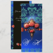 RODE KORAAL ROZEN, AQUA BLAUWE ZWARTE DAMAST MONOG KAART (Voorkant / Achterkant)