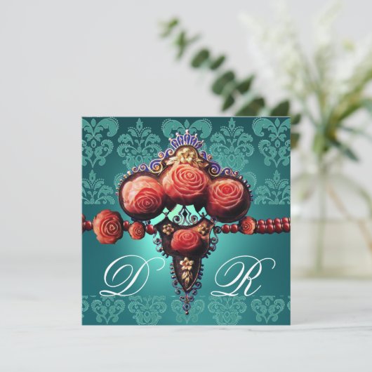 RODE KORAAL ROZEN, AQUA BLAUWE ZWARTE DAMAST MONOG KAART (Staand voorkant)