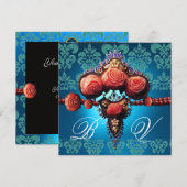 RODE KORAAL ROZEN,AQUA BLAUWE ZWARTE DAMAST MONOGR KAART (Voorkant / Achterkant)