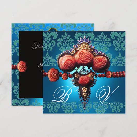 RODE KORAAL ROZEN,AQUA BLAUWE ZWARTE DAMAST MONOGR KAART (Voorkant / Achterkant)