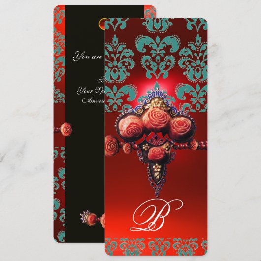 RODE KORAAL ROZEN, BLAUW-ZWARTE DAMASTEN MONOGRAM KAART (Voorkant / Achterkant)