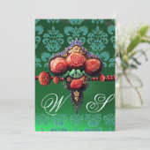 RODE KORAAL ROZEN, BLAUWE ZWARTE GROENE DAMAST MON KAART (Staand voorkant)