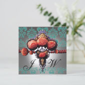 RODE KORAAL ROZEN, ZWART GROEN WIT DAMAST MONOGRAM KAART (Staand voorkant)