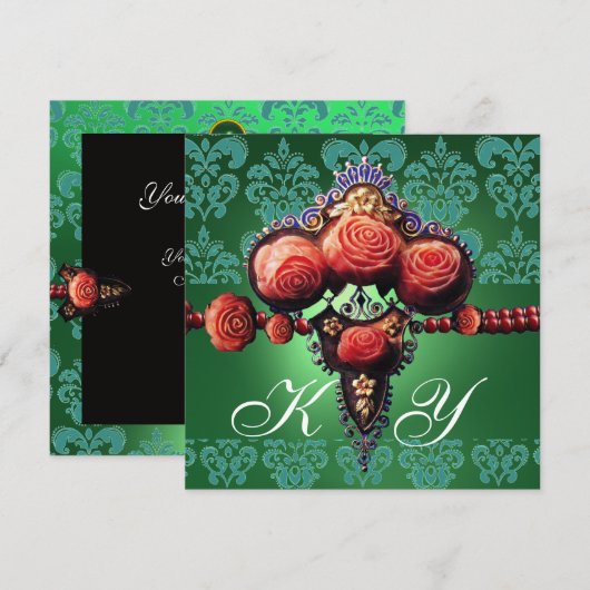 RODE KORAALROZEN, GROEN BLAUWE ZWARTE DAMAST MONOG KAART (Voorkant / Achterkant)