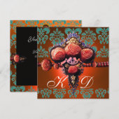 RODE KORAALROZEN, ORANJE BLAUWE ZWARTE DAMAST MONO KAART (Voorkant / Achterkant)