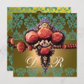 RODE KORAALROZEN, ZWART GROEN GEEL DAMAST MONOGRAM KAART (Voorkant / Achterkant)