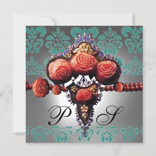 RODE KORAALROZEN, ZWART GROEN WIT DAMAST MONOGRAM KAART (Voorkant)