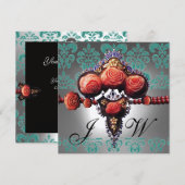 RODE KORAALROZEN, ZWART GROEN WIT DAMAST MONOGRAM KAART (Voorkant / Achterkant)