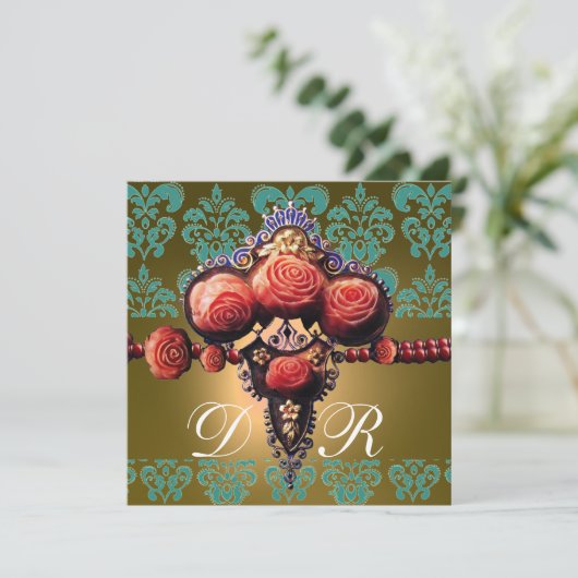 RODE KORAALROZEN, ZWARTE GROENE GELE DAMAST MONOGR KAART (Staand voorkant)
