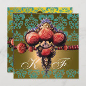 RODE KORAALROZEN, ZWARTE GROENE GELE DAMAST MONOGR KAART (Voorkant / Achterkant)