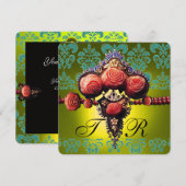 RODE KORAALROZEN, ZWARTE GROENE GELE DAMAST MONOGR KAART (Voorkant / Achterkant)