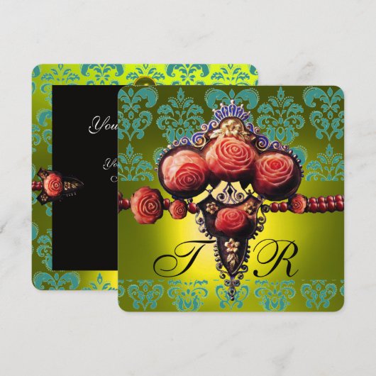 RODE KORAALROZEN, ZWARTE GROENE GELE DAMAST MONOGR KAART (Voorkant / Achterkant)