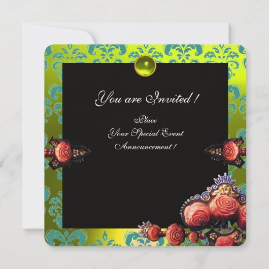 RODE KORAALROZEN, ZWARTE GROENE GELE DAMAST MONOGR KAART (Achterkant)