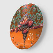 RODE KORELE ROZEN, BLAUWE ORANJE DAMASKMONOGRAM GROTE KLOK (Hoek)