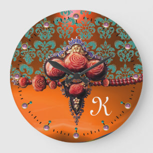 RODE KORELE ROZEN, BLAUWE ORANJE DAMASKMONOGRAM GROTE KLOK