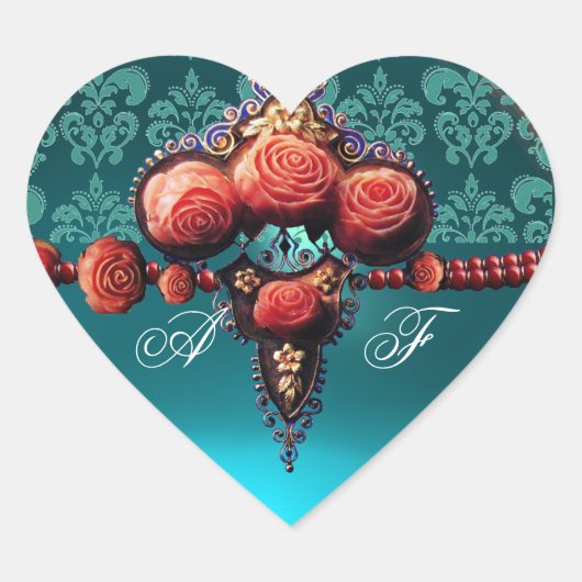 RODE KORELE ROZEN, BLAUWE ZWARTE DAMASKHARMONOGRAM HART STICKER (Voorkant)