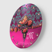 RODE KORELE ROZEN, BLUE PINK FUCHSIA DAMASK MONOGR GROTE KLOK (Hoek)