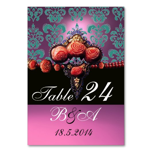 RODE KORELE ROZEN, BLUE PINK LILA DAMASKMONOGRAM KAART (Voorkant)