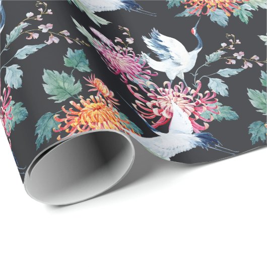 Rode kraan Chrysanthemum Waterverf Patroon Cadeaupapier (Rol Hoek)