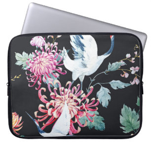 Rode kraan Chrysanthemum Waterverf Patroon Laptop Sleeve