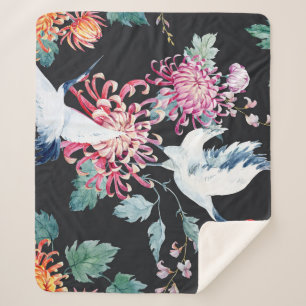 Rode kraan Chrysanthemum Waterverf Patroon Sherpa Deken