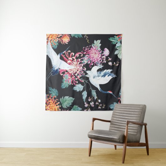 Rode kraan Chrysanthemum Waterverf Patroon Wandkleed (In Situ (horizontaal))