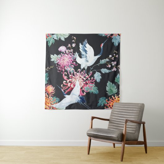 Rode kraan Chrysanthemum Waterverf Patroon Wandkleed (In situ)