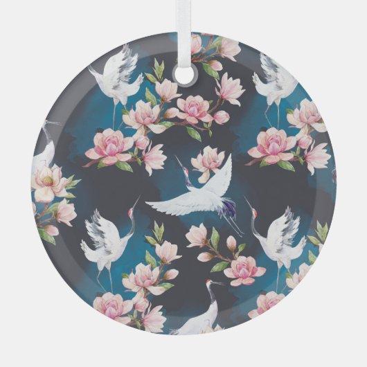 Rode kraan Magnolia: Japanse Waterverf. Glas Ornament (Voorkant)
