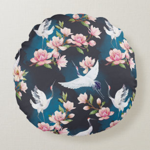 Rode kraan Magnolia: Japanse Waterverf. Rond Kussen